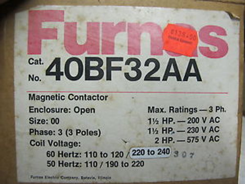 Furnas Size 00 Contactor 600 Volt With 220-240 Volt Coil 40Bf32Aa