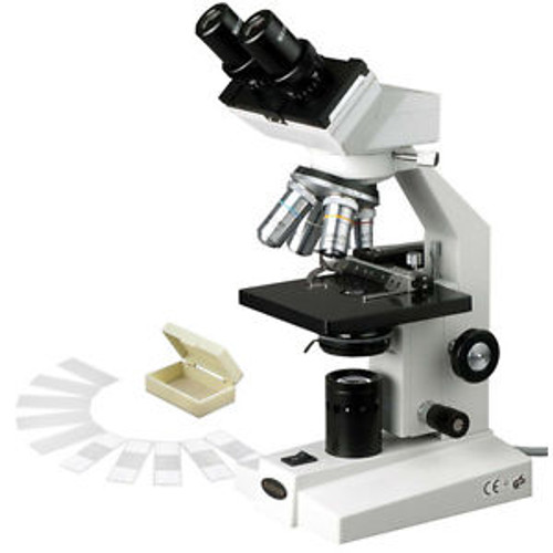 Amscope 40X-1000X Binocular Biological Microscope + Mech Stage + Slides