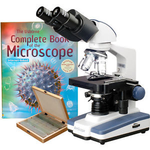 Amscope 2000X Lab Led Binocular Compound Microscope W 3D-Stage Book &100 Biolog