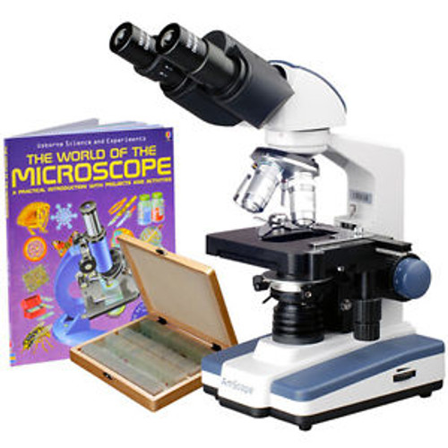 Amscope 2000X Led Binocular Compound Microscope W 3D-Stage Book & 100 Prepared