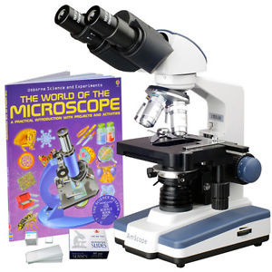 Amscope 2500X Led Lab Binocular Compound Microscope & 3D Stage + Book + Blank Sl