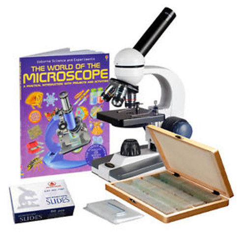 Amscope 40X-1000X Cordless Student Biological Microscope+Prepared & Blank Slides