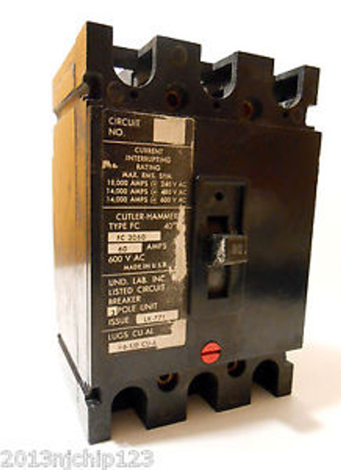 Cat#Fc3060 Cutler - Hammer #Fc3060 3 Pole 60 Amp Circuit Breaker Type Fc Used