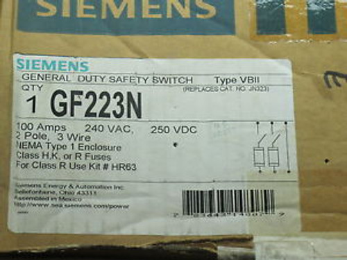 Siemens Gf223N 100 Amp 240 Volt Fusible Nema 1 Disconnect   New