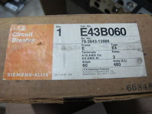 Ite E43B060 3 Pole 60 Amp 480 Volt Circuit Breaker    New