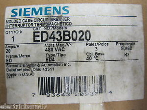 Siemens Ed43B020 20 Amp 480 Volt 3 Pole Circuit Breaker  New