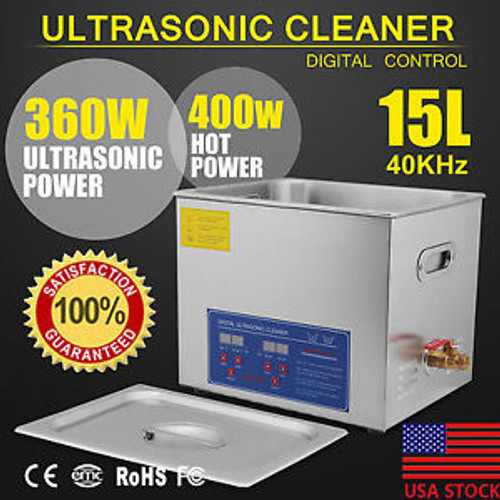 New Stainless Steel 15L Liter Ultrasonic Cleaner Industry Heated Heater W/Timer