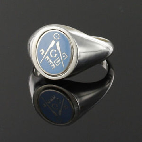 Solid Silver Square And Compass Swivel Head Masonic Ring- Light Blue With G