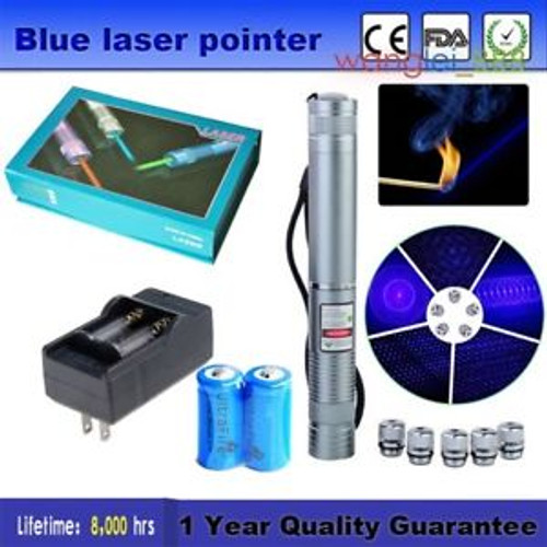 Military 450nm Powerful Blue Laser Pointer pen Burn lazer light +battery charger