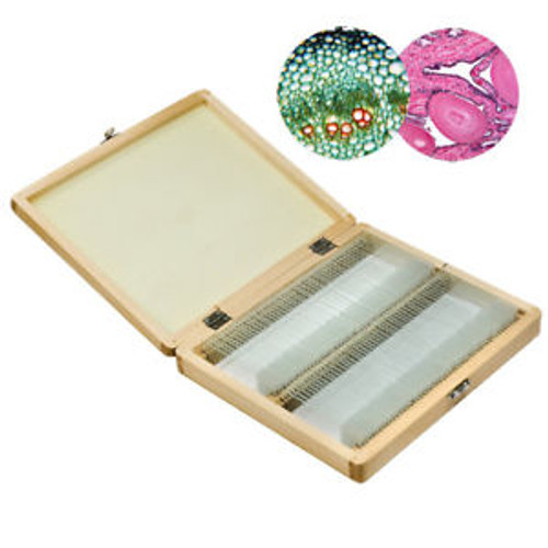 100Pcs Prepared Microscope Slides Basic Biological Science Education Wood Case