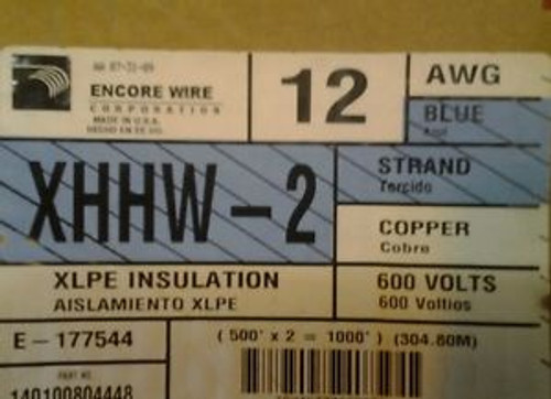 New 1000 Ft. 2- 500 Ft Spools 12 Awg Xhhw-2 Wire Blue