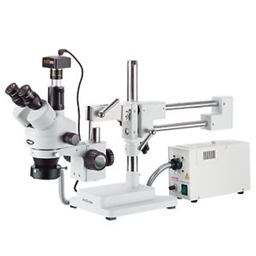 7X-90X Simul-Focal Stereo Zoom Microscope On Boom Stand + Fiber Light + 3Mp Came