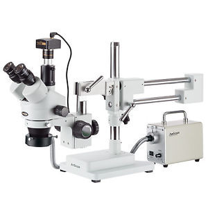 7X-90X Simul-Focal Trinocular Boom Stereo Microscope + Led Fiber Light + 14Mp Ca