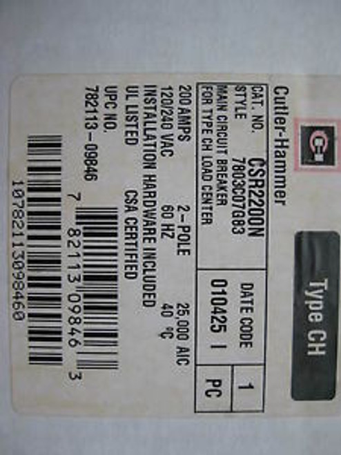 Cutler Hammer Csr2200N 2Pole 200Amp Type Ch Circuit Breaker