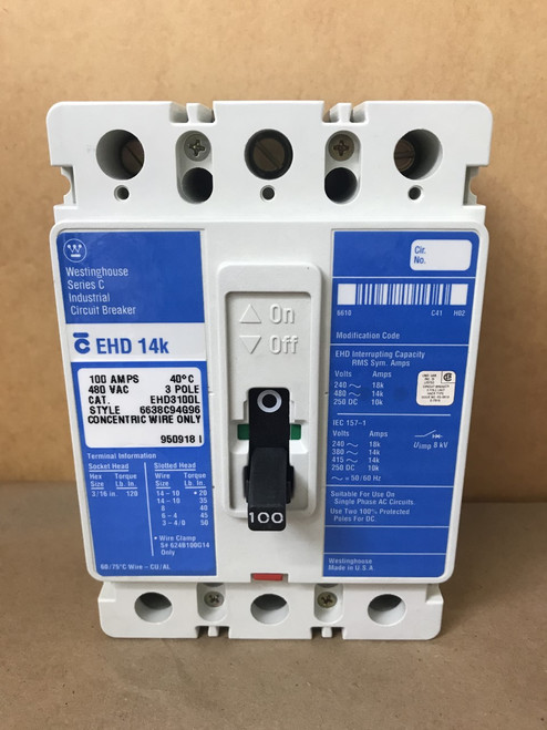 Eaton Cutler Hammer Ehd 14K 3 Pole 100 Amp 480V Ehd3100L Circuit Breaker