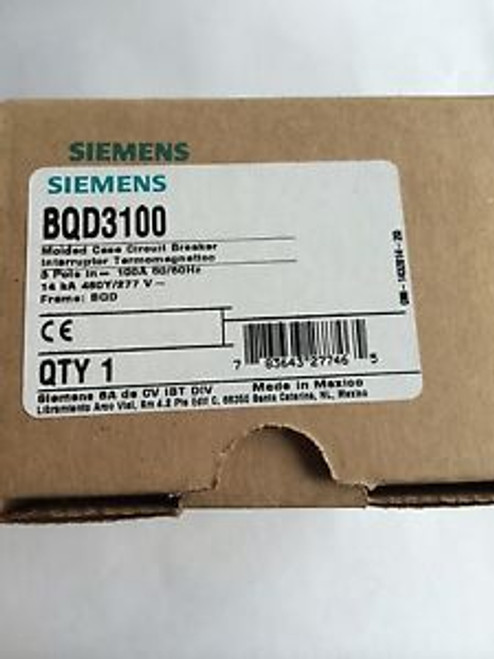 New In Box Siemens Bqd3100 Circuit Breaker 100A/480V/3P