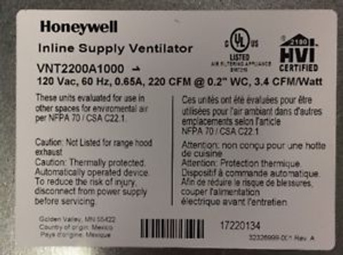 Honeywell Fresh Air Venilator W/Damper Vnt2200A1000/U