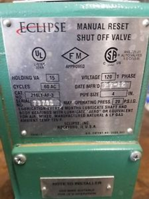 Eclipse Manual Reset Gas Shut Off Valve - Eclipse 216LT-AF-3 4  120V