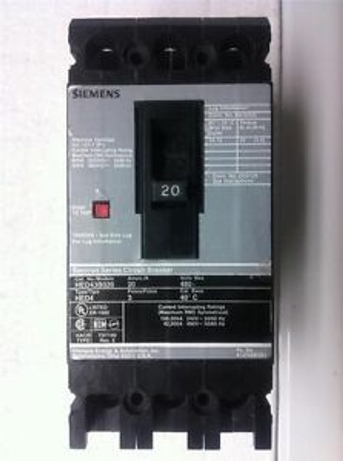 Siemens Hed43B020 20A 3P 480V Industrial Circuit Breaker