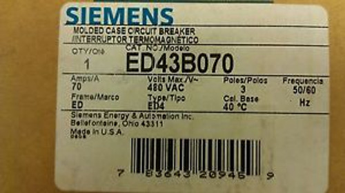 Siemens Ed43B070 Ed 3 Pole 70 Amps 480 Vac Molded Case Circuit Breaker Siemens Ed43B070 Ed 3 Pole 70 Amps 480 Vac Molded Case Circuit Breaker