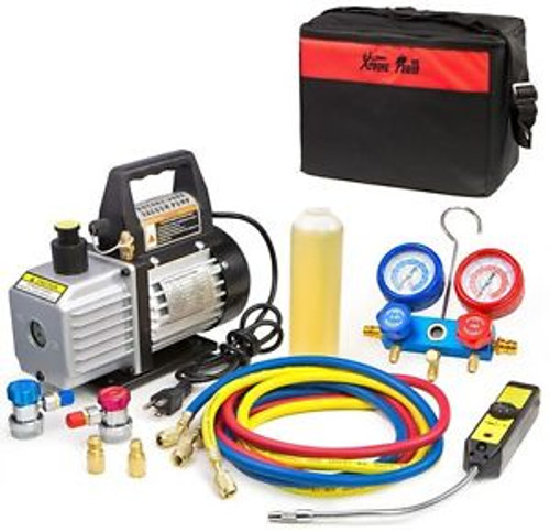 Air Vacuum Pump A/C Refrigeration Kit 4Cfm Ac Manifold Gauge Set + Leak Detector