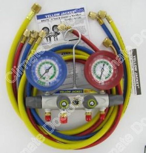 Yellow Jacket 46042 Brute Ii 4 Valve Manifold Gauge W/60 Hoses R-22/R134A/R404A