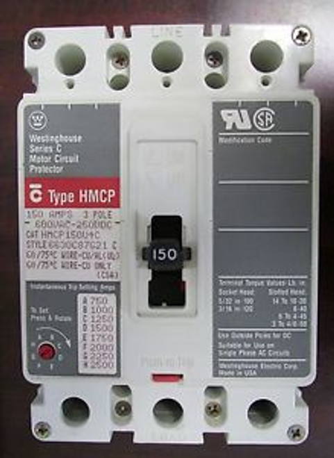 WESTINGHOUSE Circuit Breaker HMCP150U4C 600VAC-250VDC 150 AMPS 3 Poles