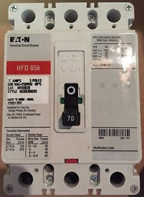 Industrial Circuit Breaker Cutler Hammer/ Eaton Cat HFD3070 70 Amp 600v 3 pole