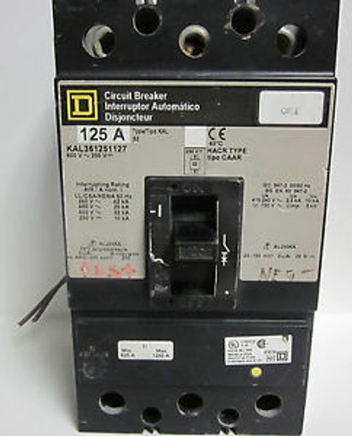 SQUARE D 125A BREAKER WITH UNDERVOLTAGE TRIP 3 POLE. KAL361251127         LL-31