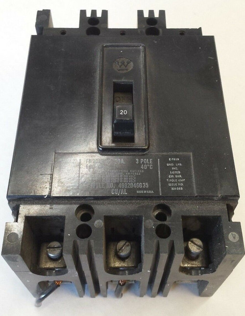 Westinghouse  Fb3020L  600 Vac  20 Amp  3 Pole Circuit Breaker