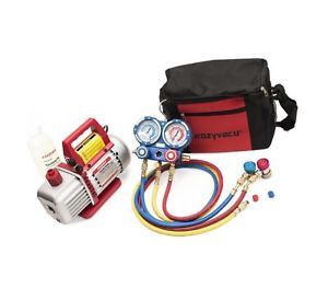 Auto AC Refrigerant Recharging Complete Tool Kit with 3.5CFM Single-Stage Rot...