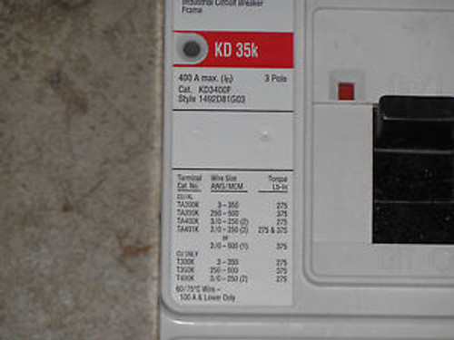 Cutler Hammer Eaton KD3400F Frame Circuit Breaker w/ 400 Amp Trip Unit Kd 3 pole