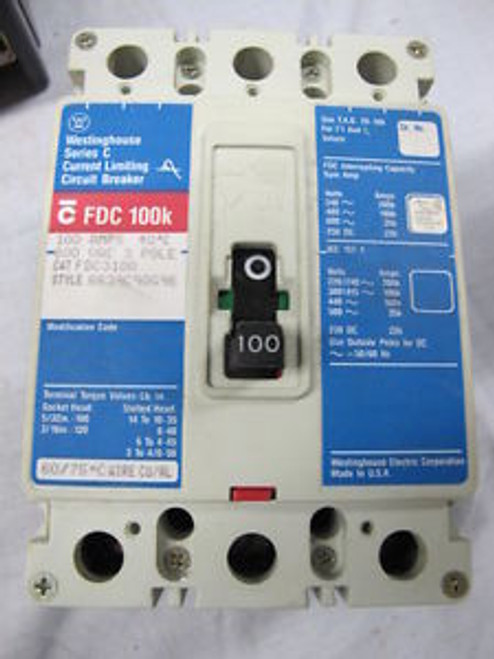 Westinghouse FDC3100 3 POLE 100 AMP 600 VOLT Circuit Breaker