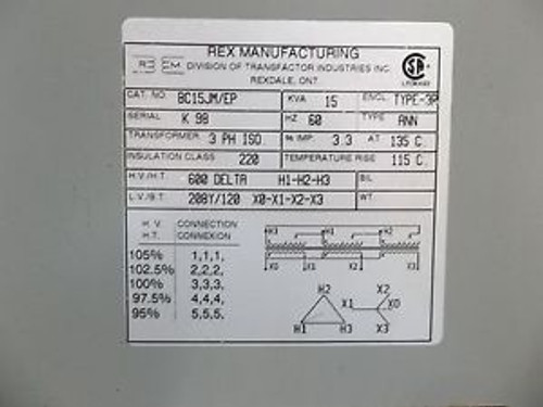 Rex 15 KVA 3 Phase BC15JM/EP Transformer (TRA2896)