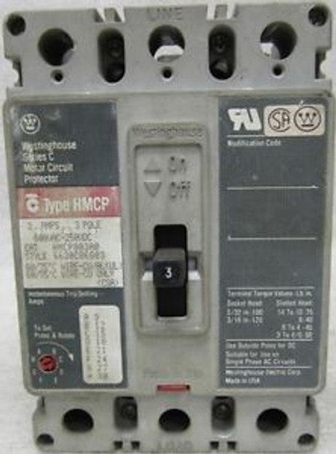 WESTINGHOUSE  HMCP003A0  600 VAC  3 Amp 3 Pole CIRCUIT BREAKER