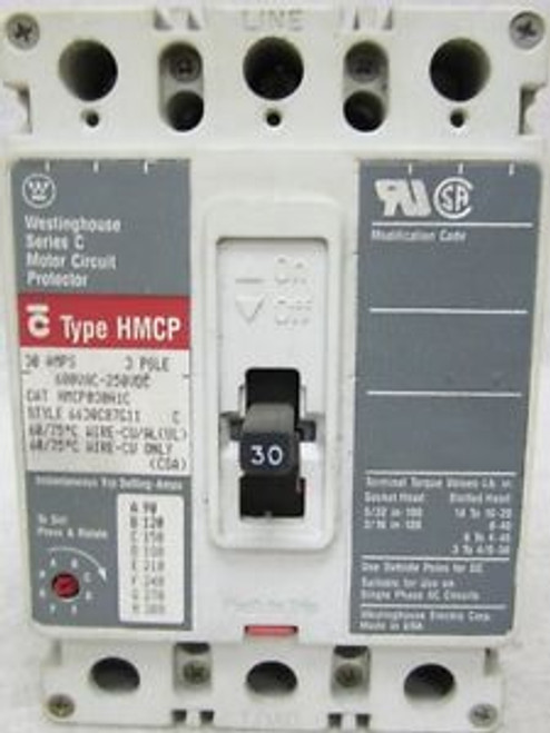 WESTINGHOUSE  HMCP030H1C  600 VAC  30 Amp 3 Pole CIRCUIT BREAKER