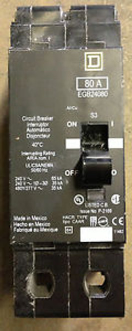 SQUARE D EGB24080 CIRCUIT BREAKER 2 POLE 80 AMP 480 VOLT 35 AIC RATED USED