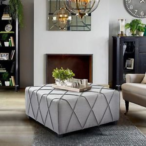 Armen Living Gemini Silver Linen Contemporary Ottoman With Piping Accents And