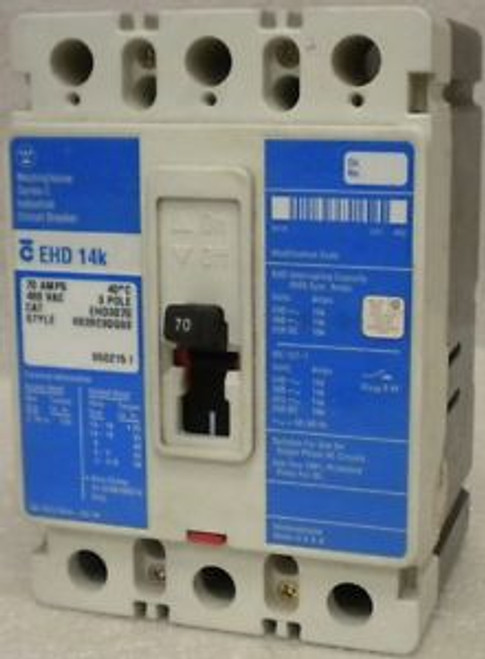 WESTINGHOUSE  EHD3070  480 VAC  70 Amp  3 Pole CIRCUIT BREAKER