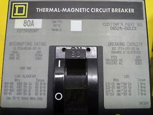 SQUARE D THERMAL MAGNETIC CIRCUIT BREAKER 80A FCP34080MT 480VAC