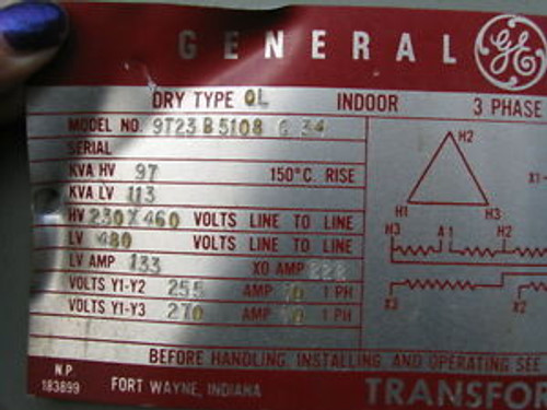 GENERAL ELECTRIC TRANSFORMER 9T23B5108 G34  97KVA ,DRY TYPE,3 PHASE