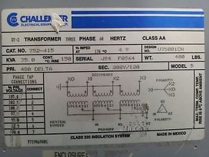 Challenger DT transformer 3 phase kva 74 cat. no. 752-415