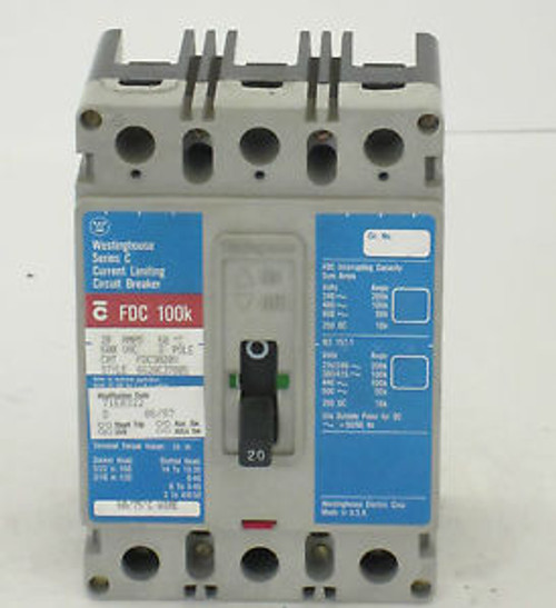 WESTINGHOUSE FDC3020V 3 Pole 20 Amp 600 Volt Circuit Breaker