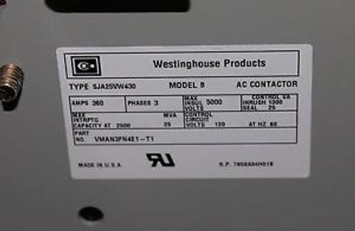 CUTLER HAMMER SJA25VW430 360 AMP CONTACTOR VMAN3FN4E1 WESTINGHOUSE