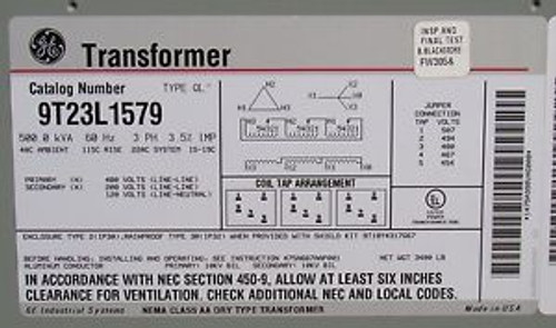 500 kva GE Transformer HV 480 3? LV 208 9T23L1579