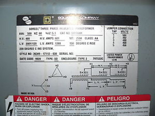 SQUARE D TRANSFORMER SORGEL 3 PHASE TRANSFORMER 500kVA