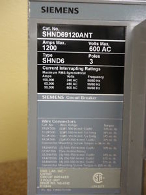 SIEMENS 1200 AMP/ 600 VOLT, SENSITRIP III ELECTRONIC BREAKER W/ ELECTRONIC TRIP