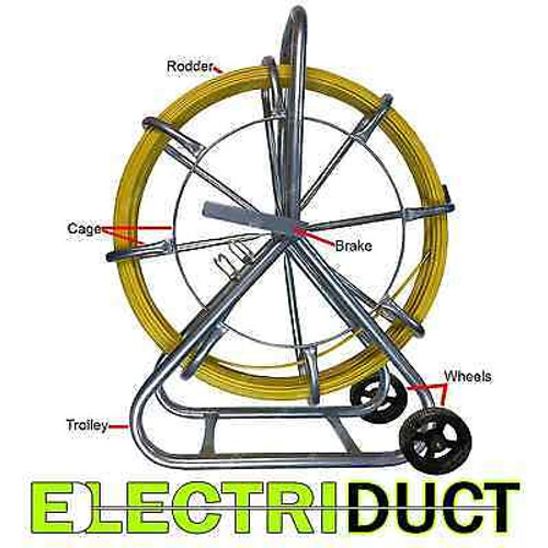 500Ft X 1/4 Diameter Cable Rodder Duct Coated Fiberglass W Cage And Wheel Stand