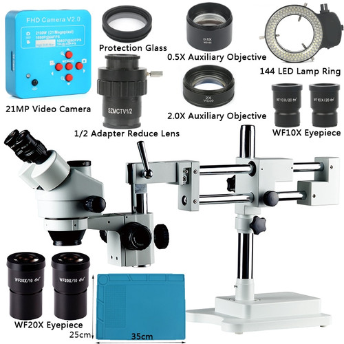3.5~90X Simul Focal Trinocular zoom Microscope +21MP 2K HDMI Microscope Camera Double Boom Stand For PCB Welding repair