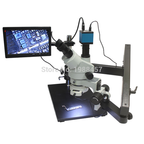 3.5X-90X Trinocular Articulating Arm Pillar Clamp Big Base Zoom Stereo Microscope With 14MP HDMI USB Camera 144 LED Light Source